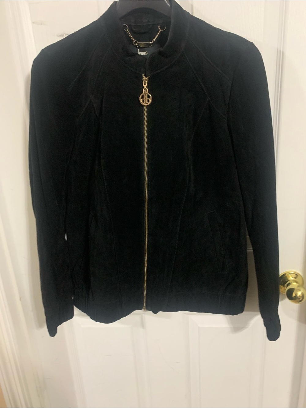 Dennis Basso Black Suede Zip-Front Women's Jacket with Gold Hardware